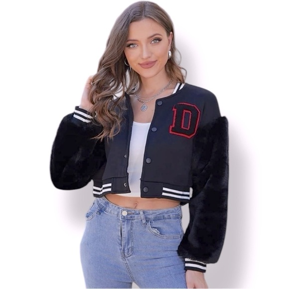 Faux Fur Sleeve Letterman Varsity Baseball Bomber Jacket Cropped Small Black - Picture 1 of 15